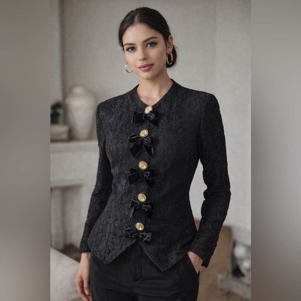 SANDRO PARÍS Black Lace Jacket with Bow Accents